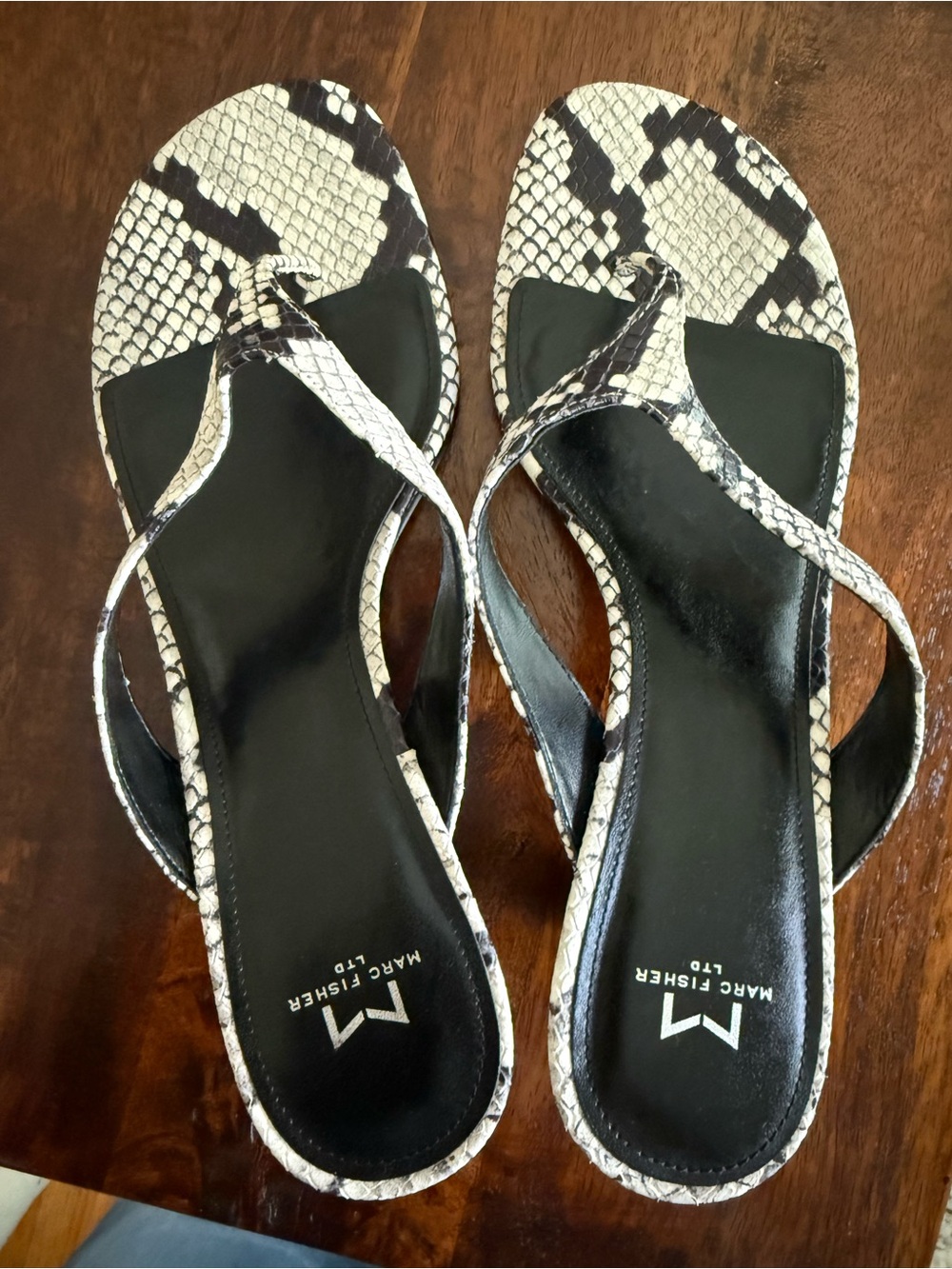 Marc Fisher Black & White Leather Snake-Print Thong Sandals